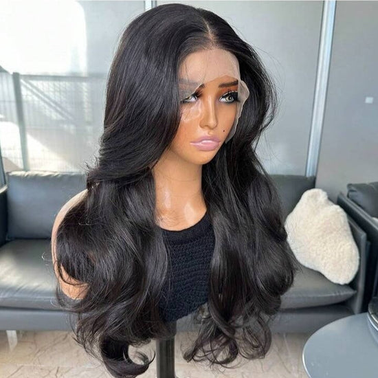 Natural Black Curtain Bangs Human blend Lace Front Wig